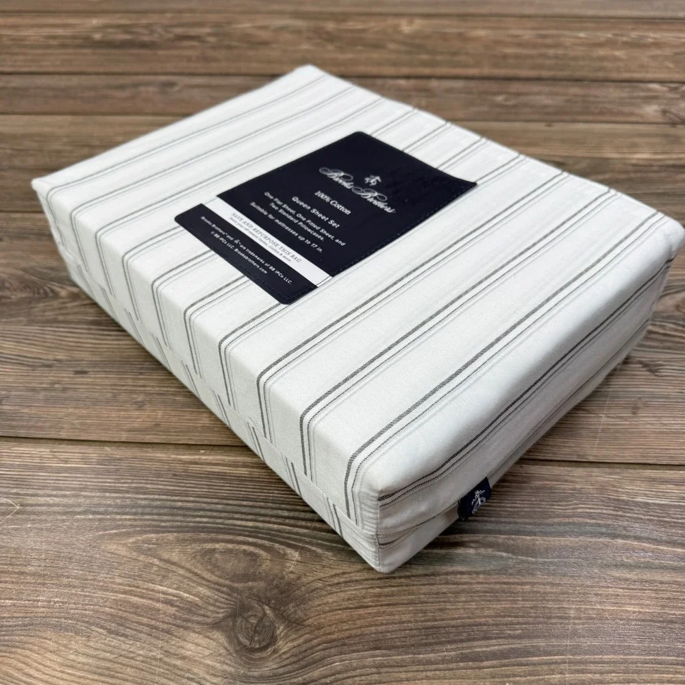 Brooks Brothers Queen Sheet Set White Grey Striped 100% Cotton 4pc New